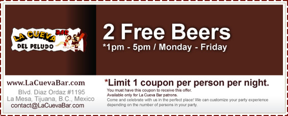 Coupon - 2 FREE Beers - *1pm - 5pm / Monday - Friday